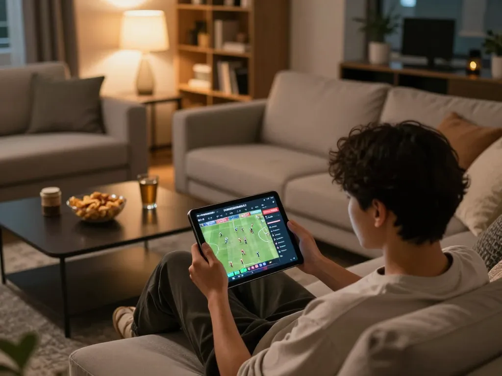 Betting on keonhacai tv through a tablet in a cozy living room.
