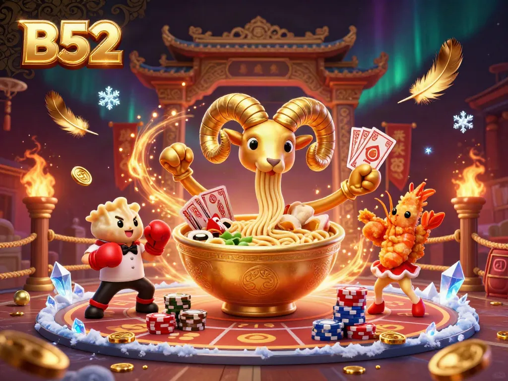 Experience thrilling B52 casino action with colorful characters, cards, and chips in a vibrant digital illustration.