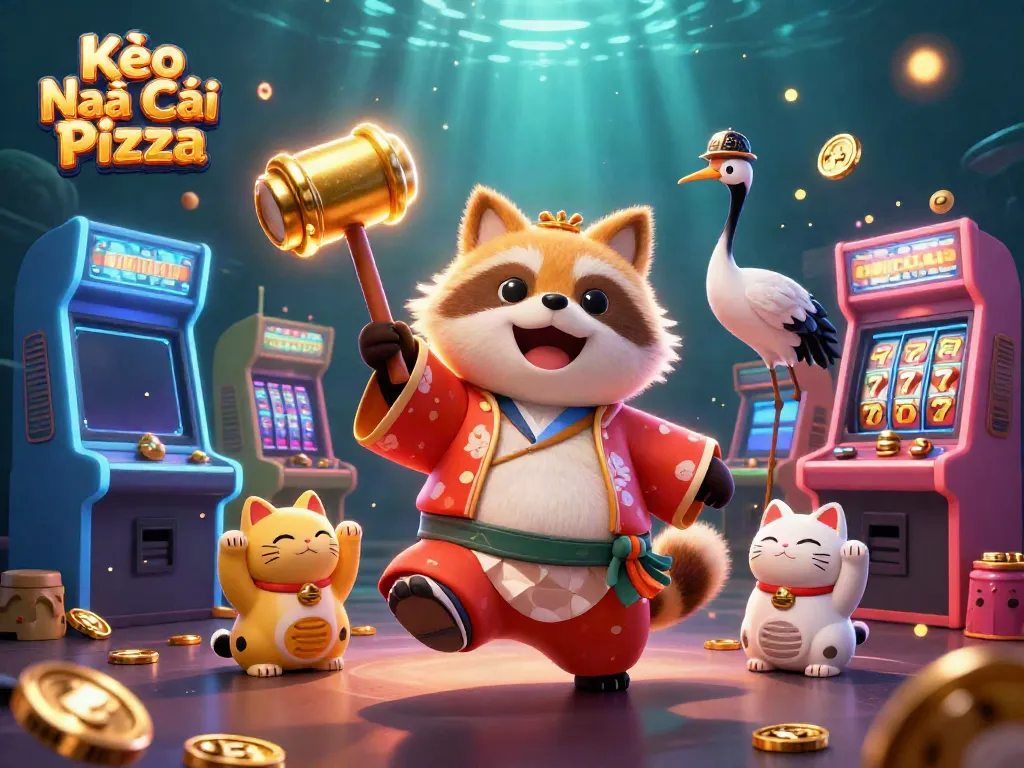 Engage with Kèo Nhà Cái Pizza through vibrant 3D characters and dynamic slots in a casino-themed illustration.