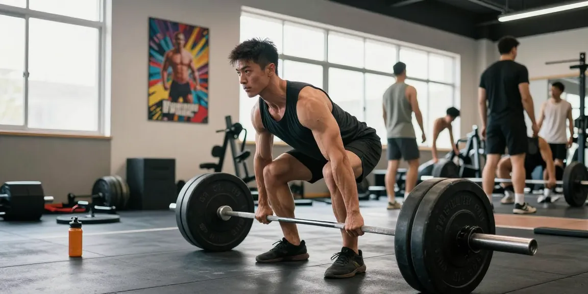 Bodybuilder im Anabolika Shop beim kraftvollen Deadlift-Training in hellem Fitnessstudio.
