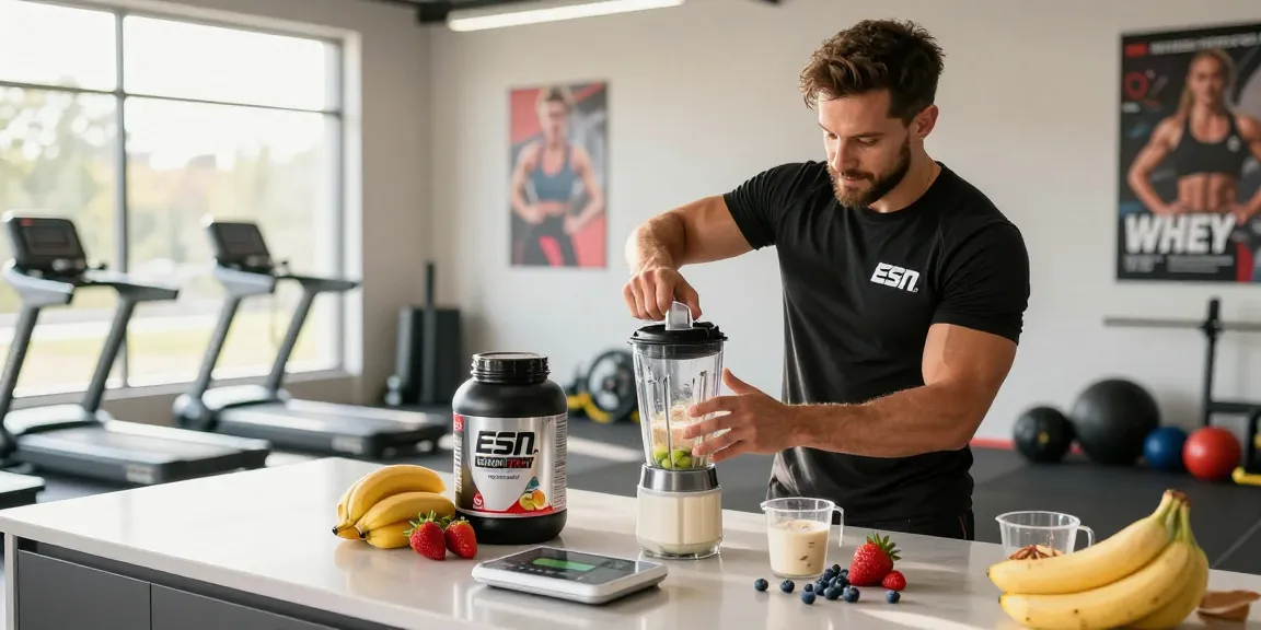 Whey Protein kaufen scene featuring a fitness coach preparing a whey protein shake with fresh fruits in a modern gym