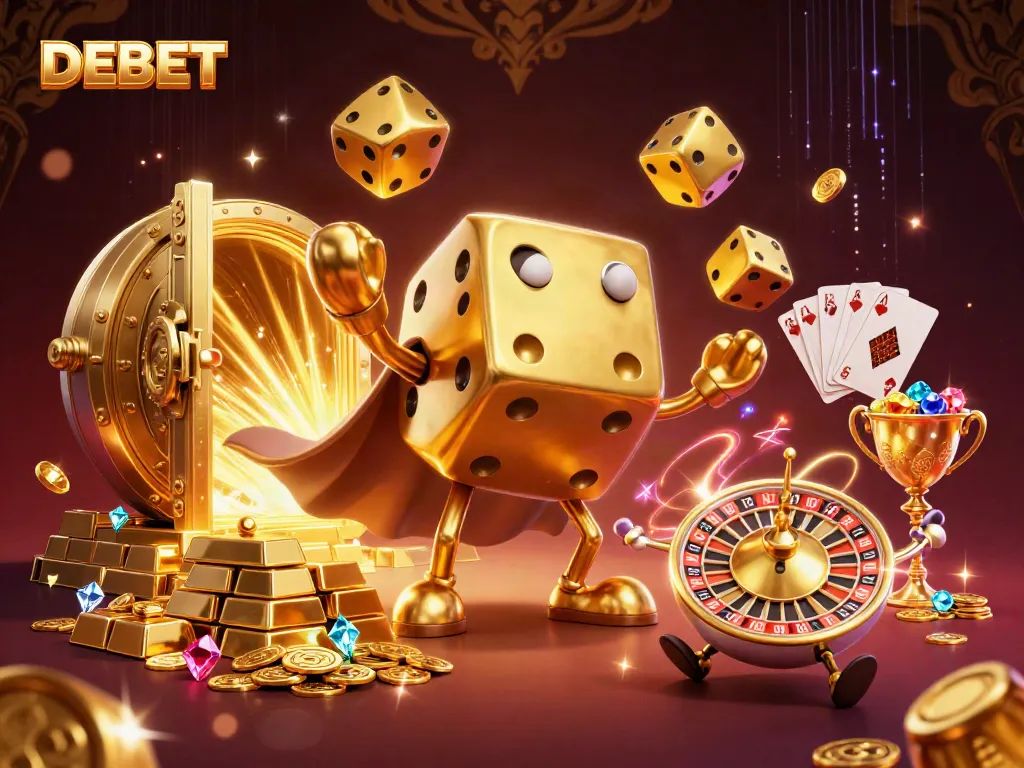Engaging DEBET casino scene featuring golden dice golem and riches bursting from the vault.