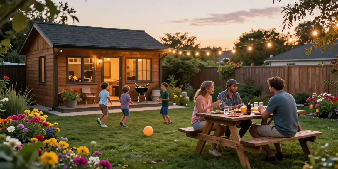 Familie beim Grillen im Garten mit Gartenhäusern im Hintergrund, fröhliche Atmosphäre