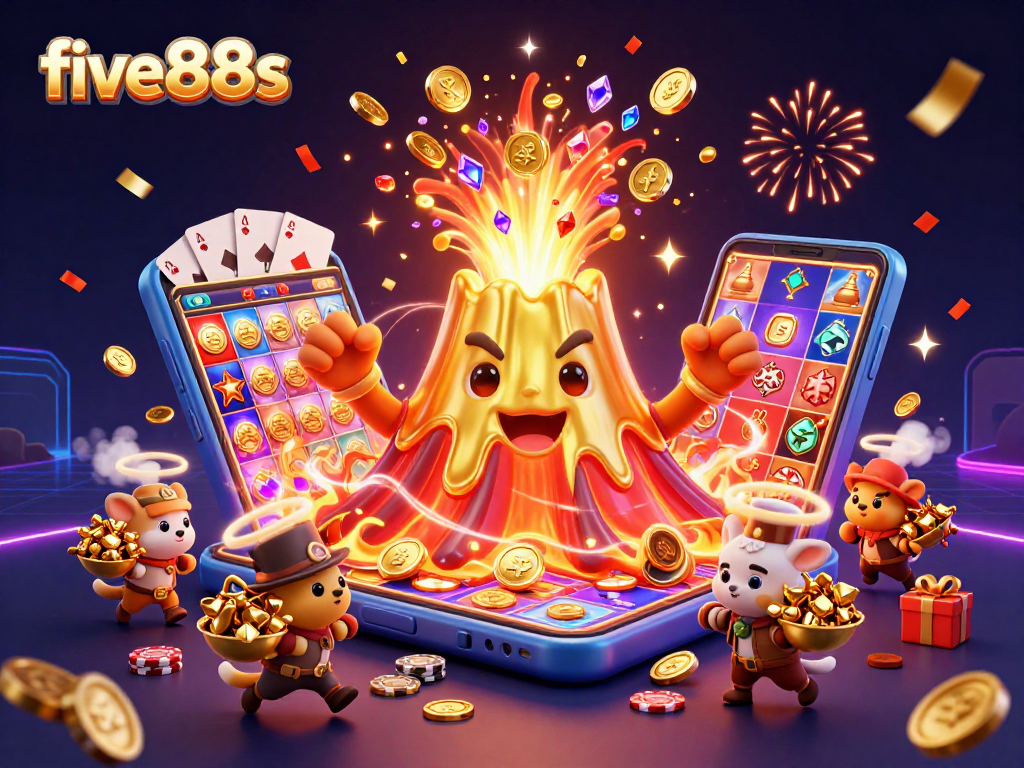 Win big with five88s at a vibrant casino scene featuring a golden volcano raining coins and slot game action.