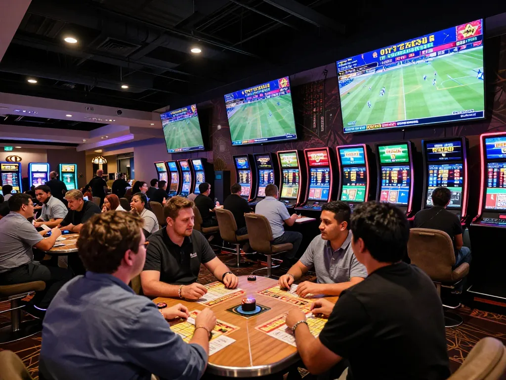 Excited players engage in sports betting at 789 bet casino, with screens displaying live match stats.