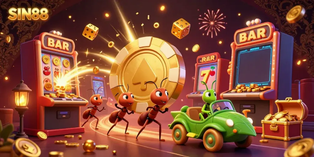 The team of ants at SIN88 racing with a giant poker chip through an explosive casino heist scene.