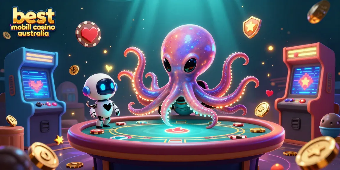 A vibrant scene showcasing the best mobile casino Australia with a playful alien octopus at a holographic poker table, highlighting engaging casino elements.