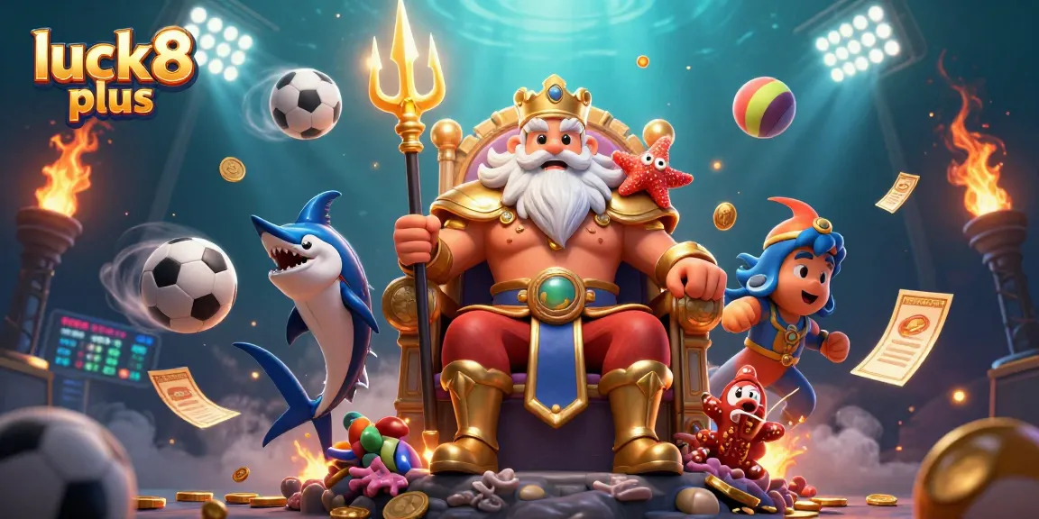 Bet on luck8 plus with vibrant casino elements, featuring sea king Neptune and sports symbols.