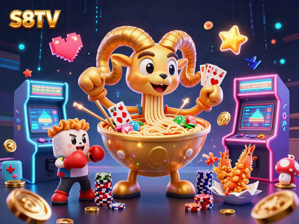 S8TV engages players with a fun illustration of a giant golden ramen bowl dealer and cheerful sushi characters.