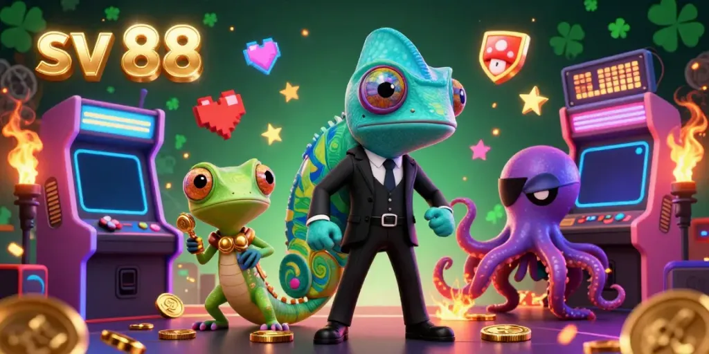 Engage with sv 88 in this vibrant 3D gambling scene featuring animated characters, game machines, and rich casino elements.