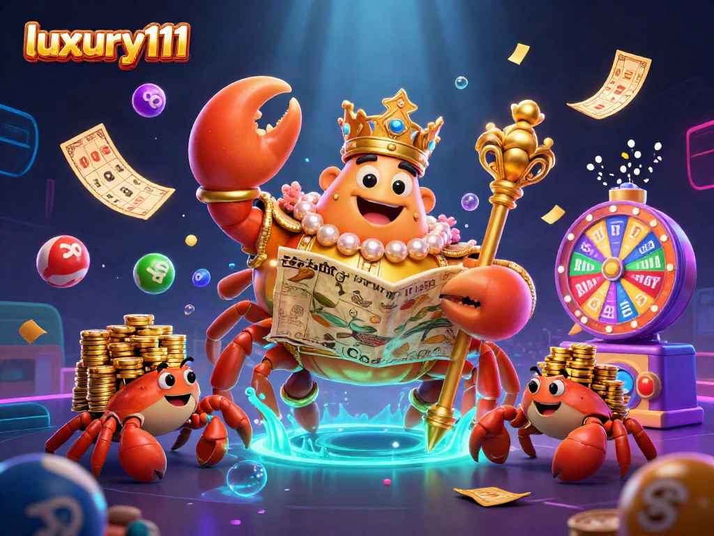 Engage with luxury111 while enjoying vibrant lottery activities with a playful crab emperor and lively elements.