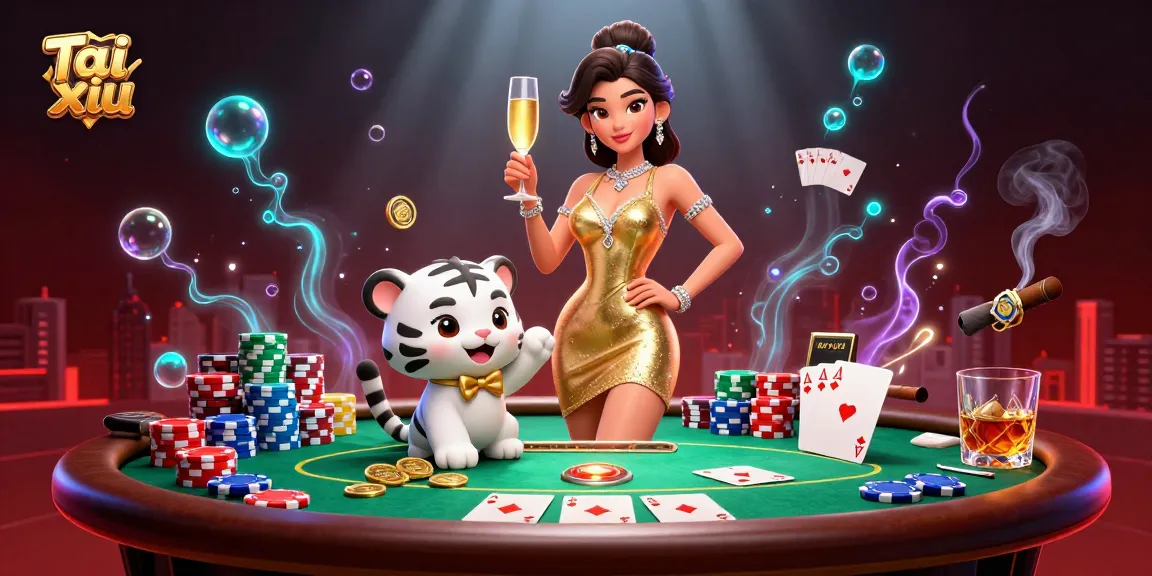 Engage in Tai xiu excitement with a glamorous celebration featuring a stunning woman, a lucky tiger cub, and vibrant casino elements.
