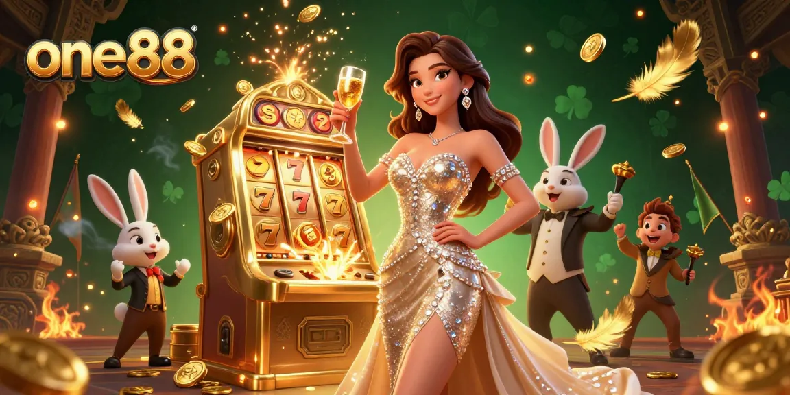Experience luxury gaming at one 88 with a glamorous woman toasting beside a jackpot slot machine.