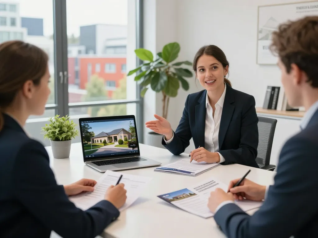Immobilienmakler Frankfurt Riedberg Beratung mit Kunden, die Immobilienbroschüren in einem hellen modernen Büro präsentieren.