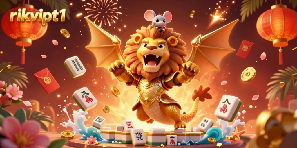 Experience the thrill of rikvipt1 with a dynamic scene featuring a victorious chimera and festive casino elements.