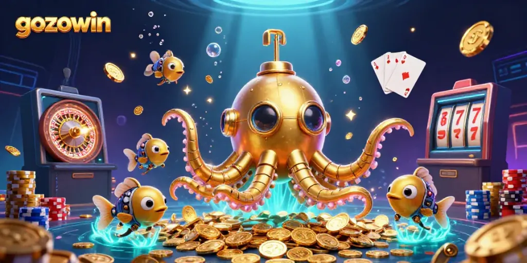 Win big with gozowin in a vibrant underwater casino scene featuring coins and games.