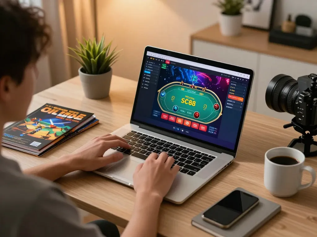 Nền tảng SC88 showing a user engaged in strategic online gambling with live dealers in a cozy home office