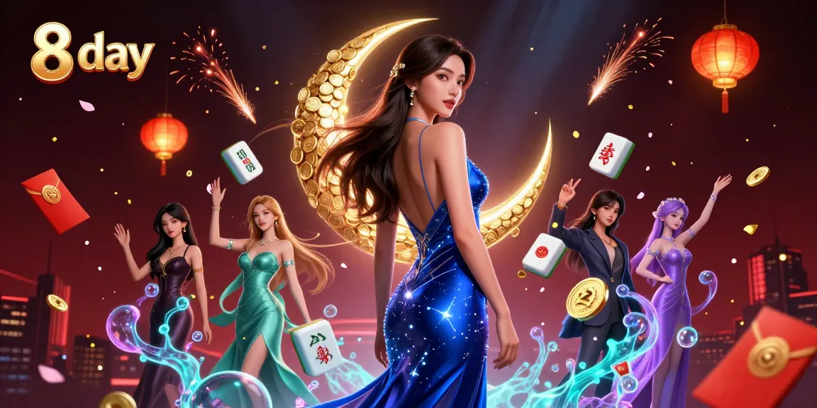 Engage with 8 day casino thrills featuring dynamic elements and an elegant lady in a starry gown.