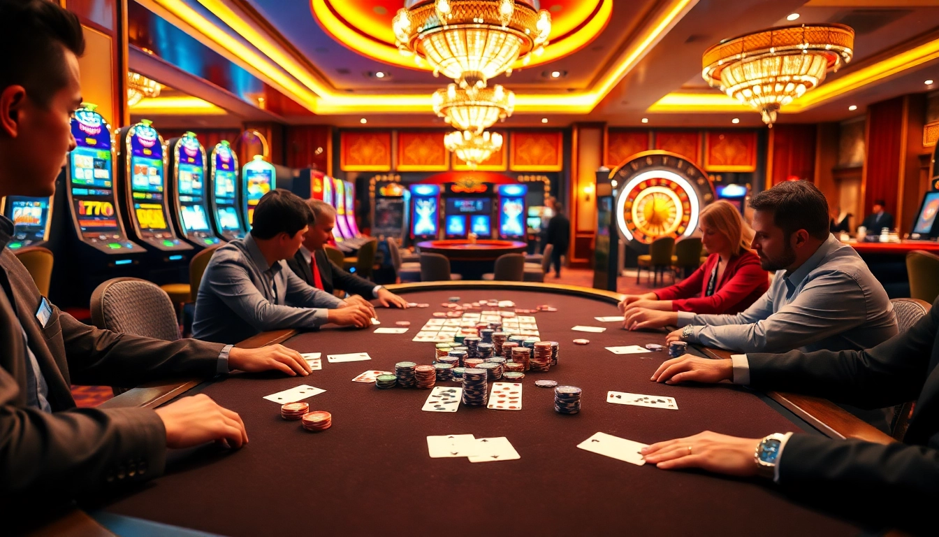 Experience the thrill of BJ38 at a vibrant casino poker table, filled with action and strategy.