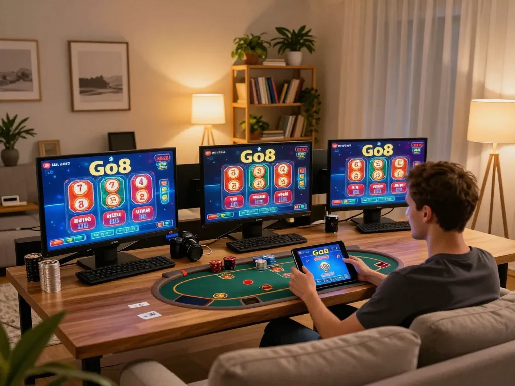 Engaging scene of online gaming with Go8 vin poker interface on tablet in a cozy living room