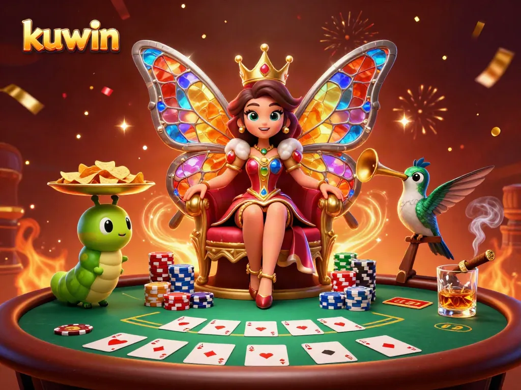 Kuwin's thrilling gambling scene with a butterfly queen and vibrant casino elements