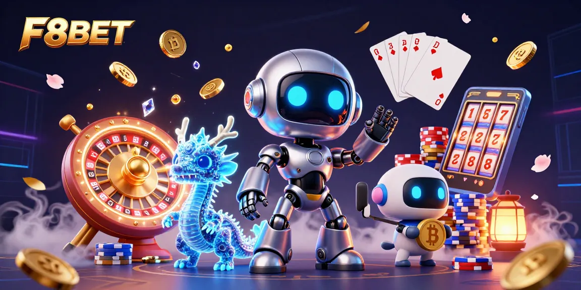 F8BET showcases an exciting 3D scene with a cyberpunk robot, AI dragon, and drone, amidst dazzling casino elements.