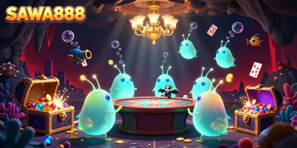 Experience the vibrant world of SAWA888 with glowworms lighting up a cave casino amid gold coins and underwater treasures.