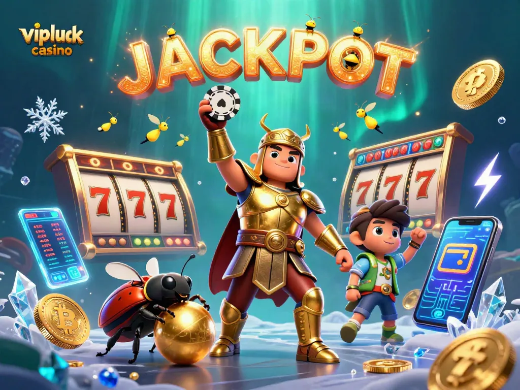 Experience the excitement of vipluck casino with dynamic characters celebrating wins amid captivating gaming elements.