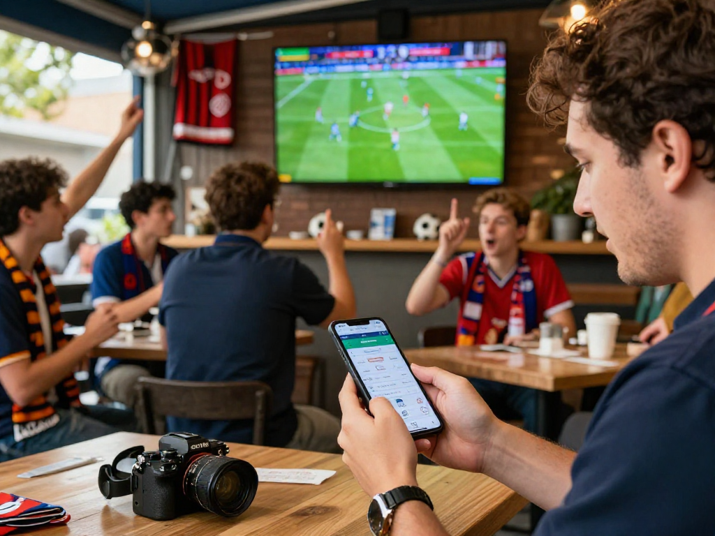 Fußballwetten ohne OASIS in einem lebhaften Café, wo Fans ihre Wetten auf mobilen Apps platzieren und ein spannendes Match verfolgen.