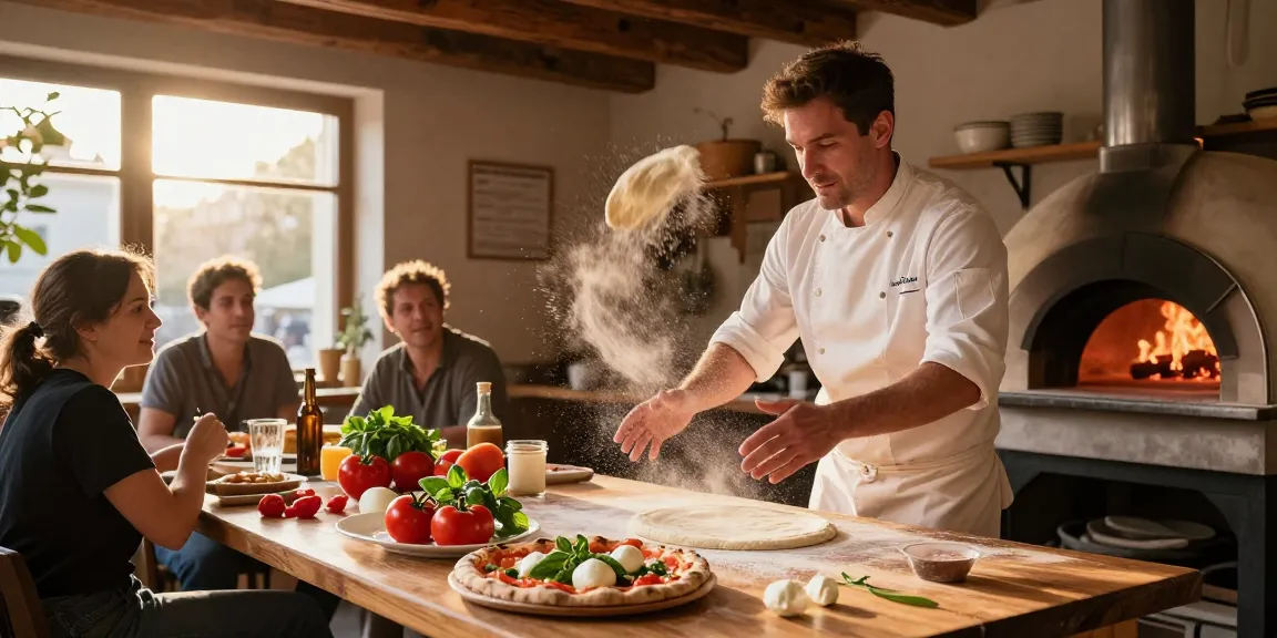 Dynamic chef preparing artisanal pizza at Pizzeria Madera, showcasing pg soft ingredients and warm ambiance.