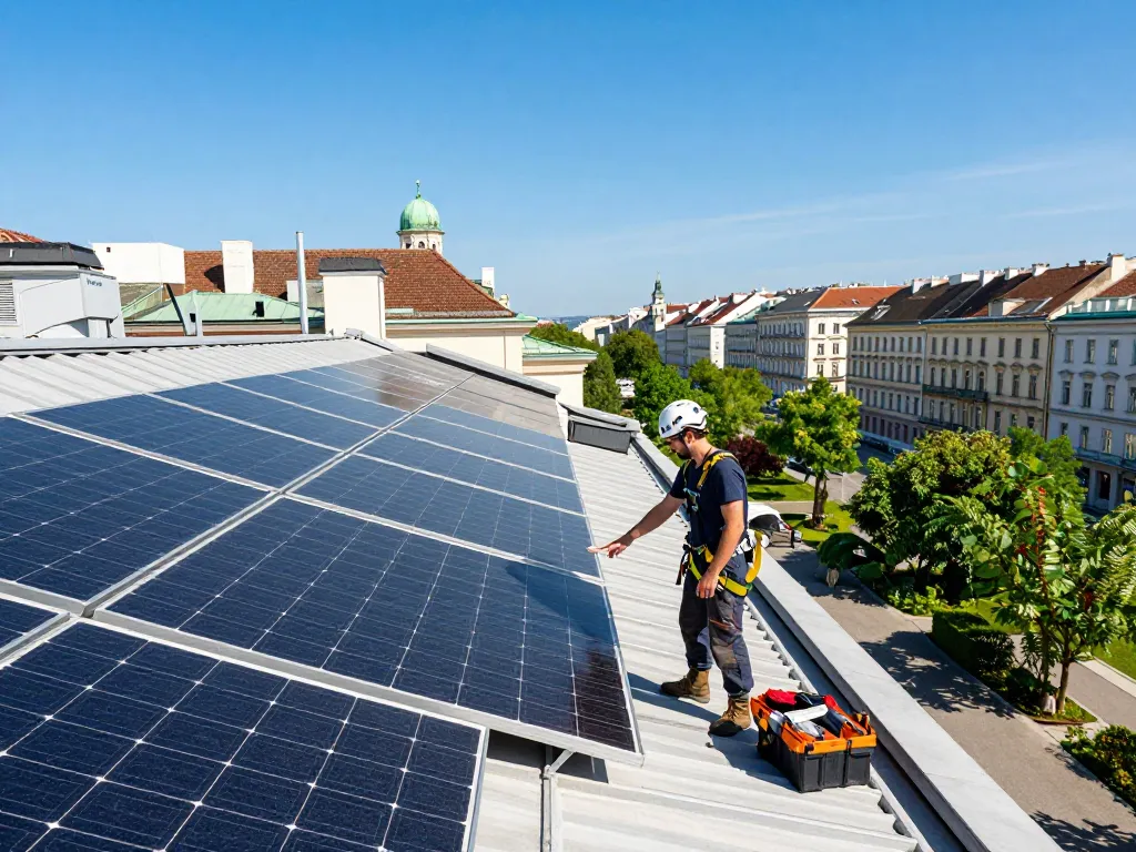 Photovoltaik Wien: Techniker inspiziert Solarpanels auf Wiener Dach.