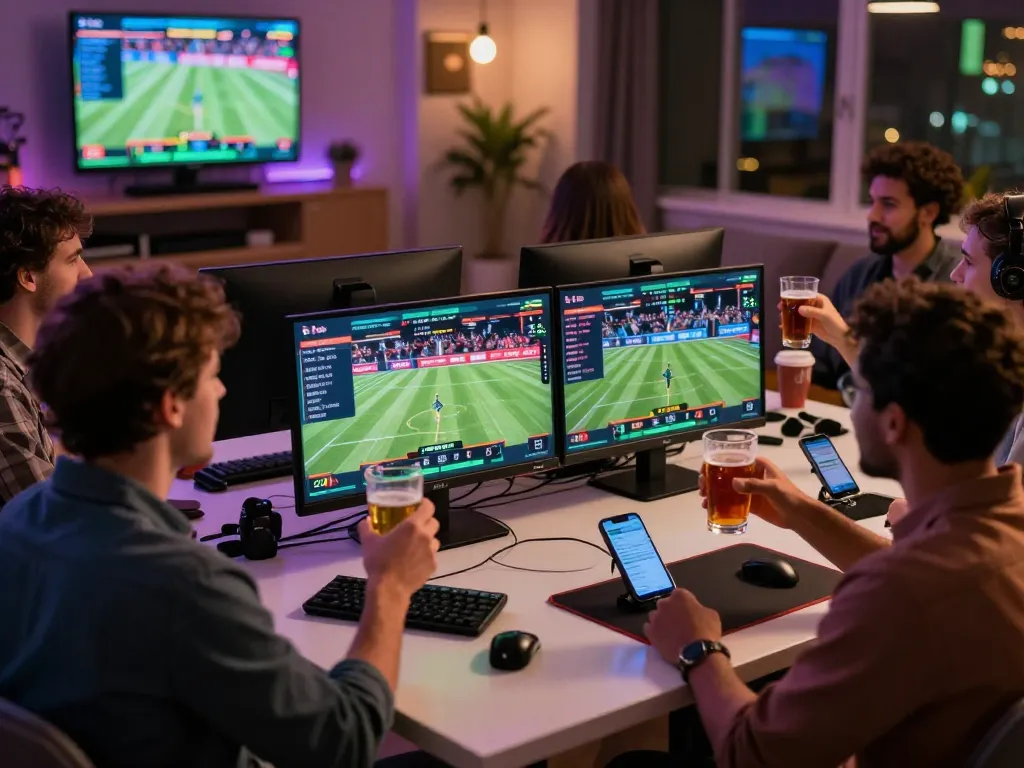 Bong99 online sports betting scene with friends celebrating a win in a modern gaming setup.