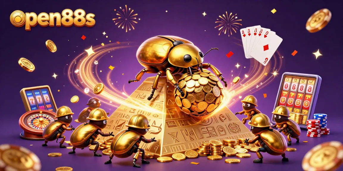 Experience excitement with open88s at this dynamic, ultra-detailed casino-themed illustration featuring gold coins and casino games.