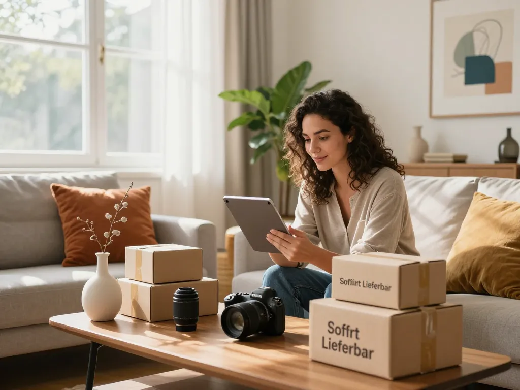 Stylische Frau, die in einem gemütlichen Wohnzimmer nach 'Sofort Lieferbar' Produkten sucht.