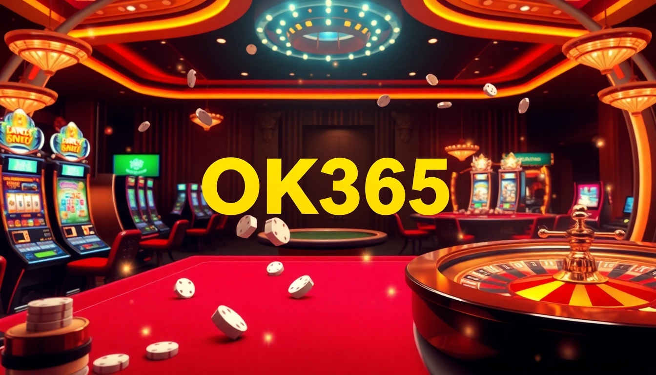 Engaging scene of online casino with interactive tables and slot machines at OK365.
