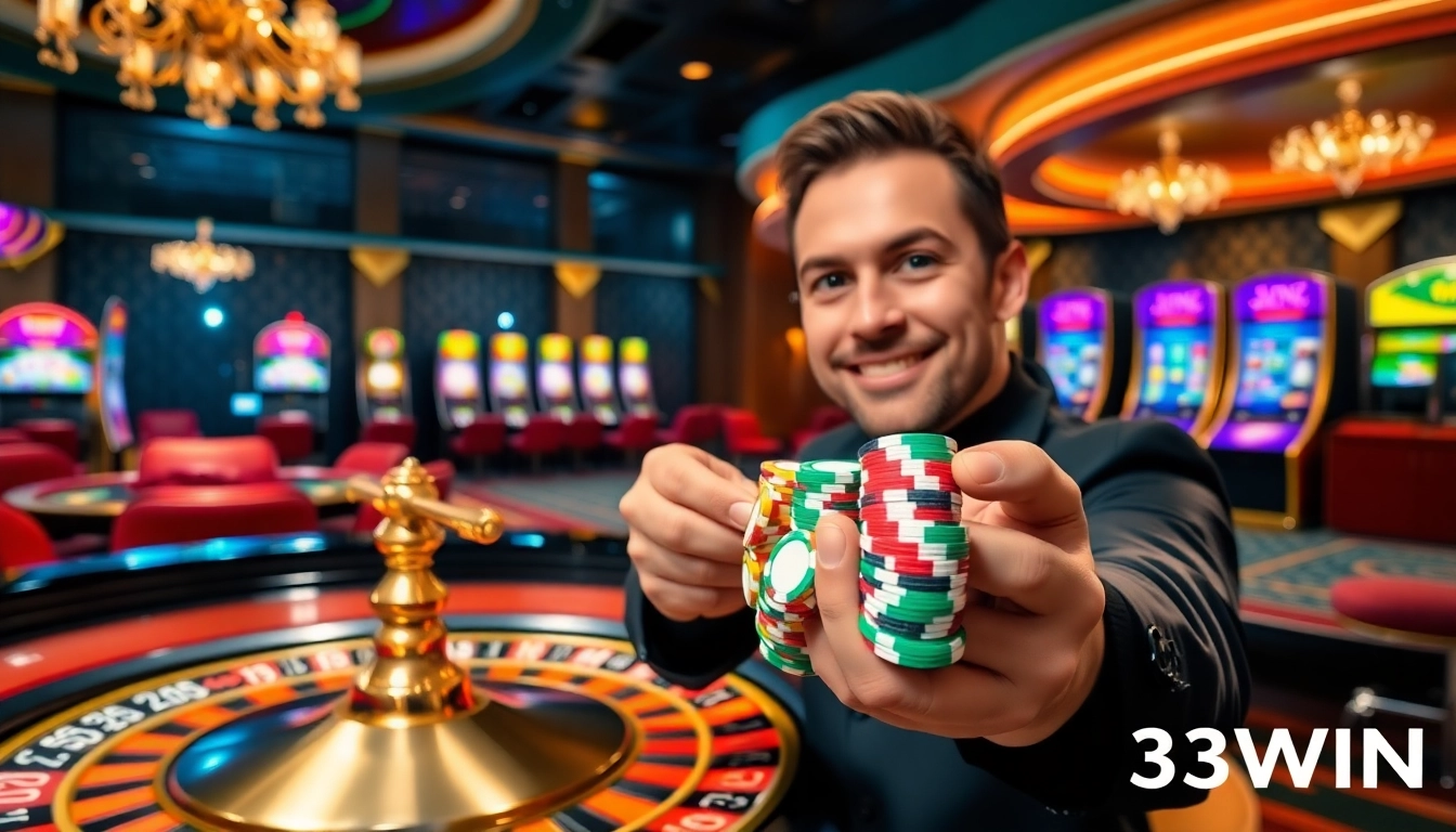 Experience high-stakes excitement at the casino with 33WIN poker chips and roulette table.