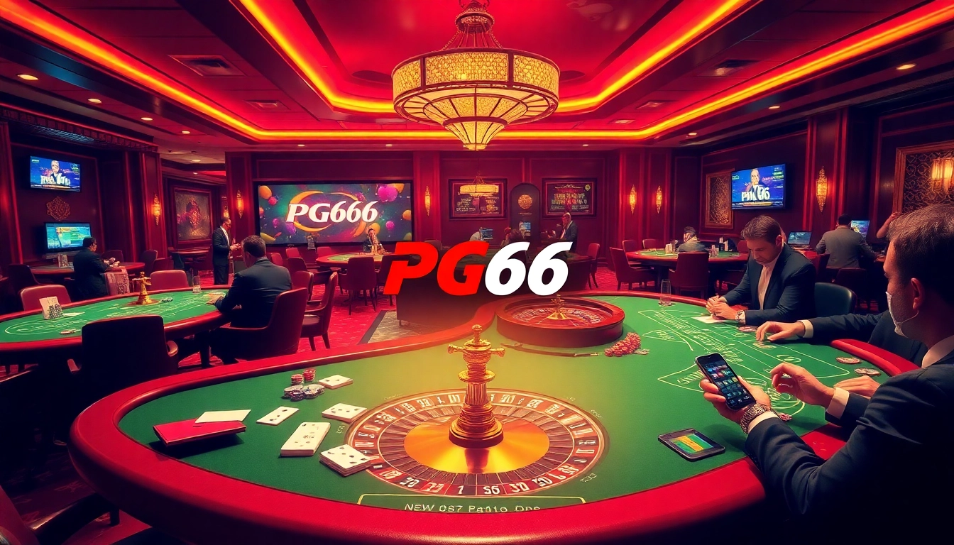 PG66 casino scene with poker chips, cards, and roulette wheel creating an exciting atmosphere.