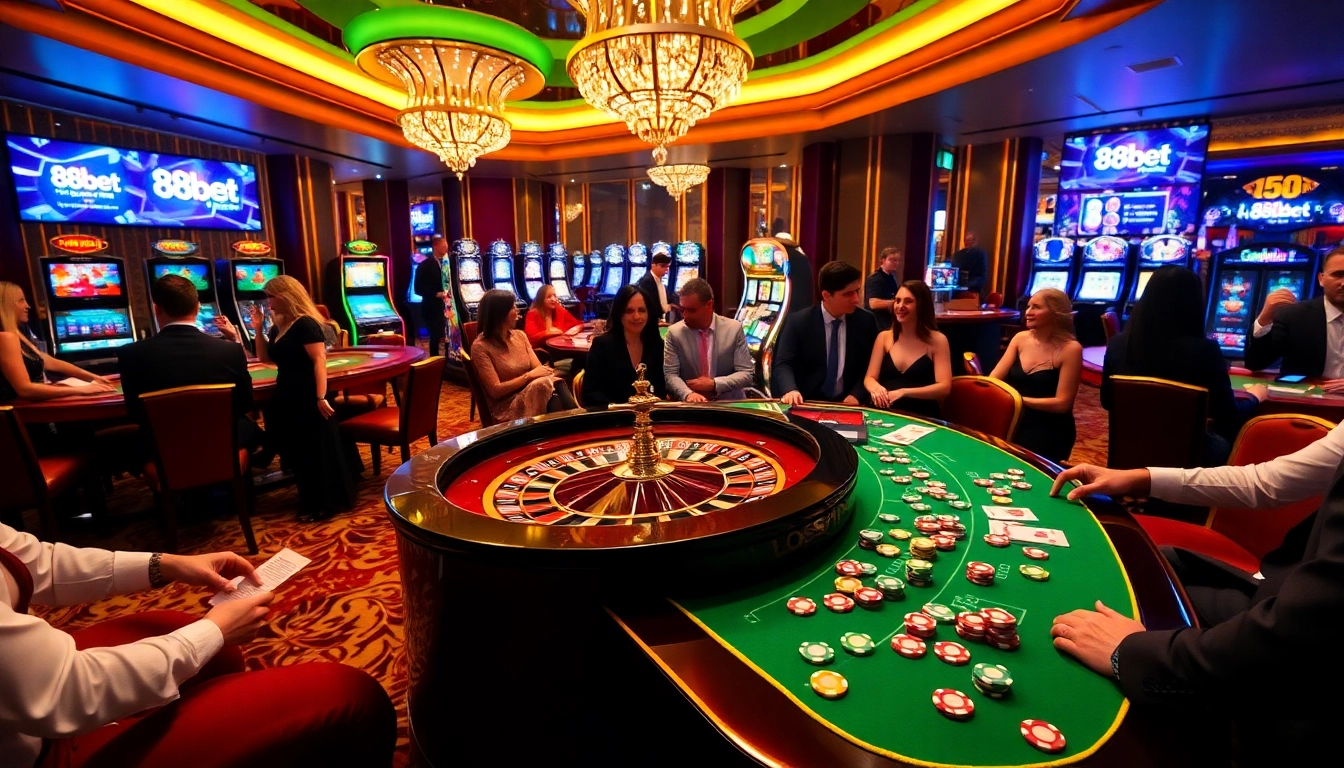 Players enjoying a thrilling game at 88bet's luxurious casino table with vibrant chips and cards.