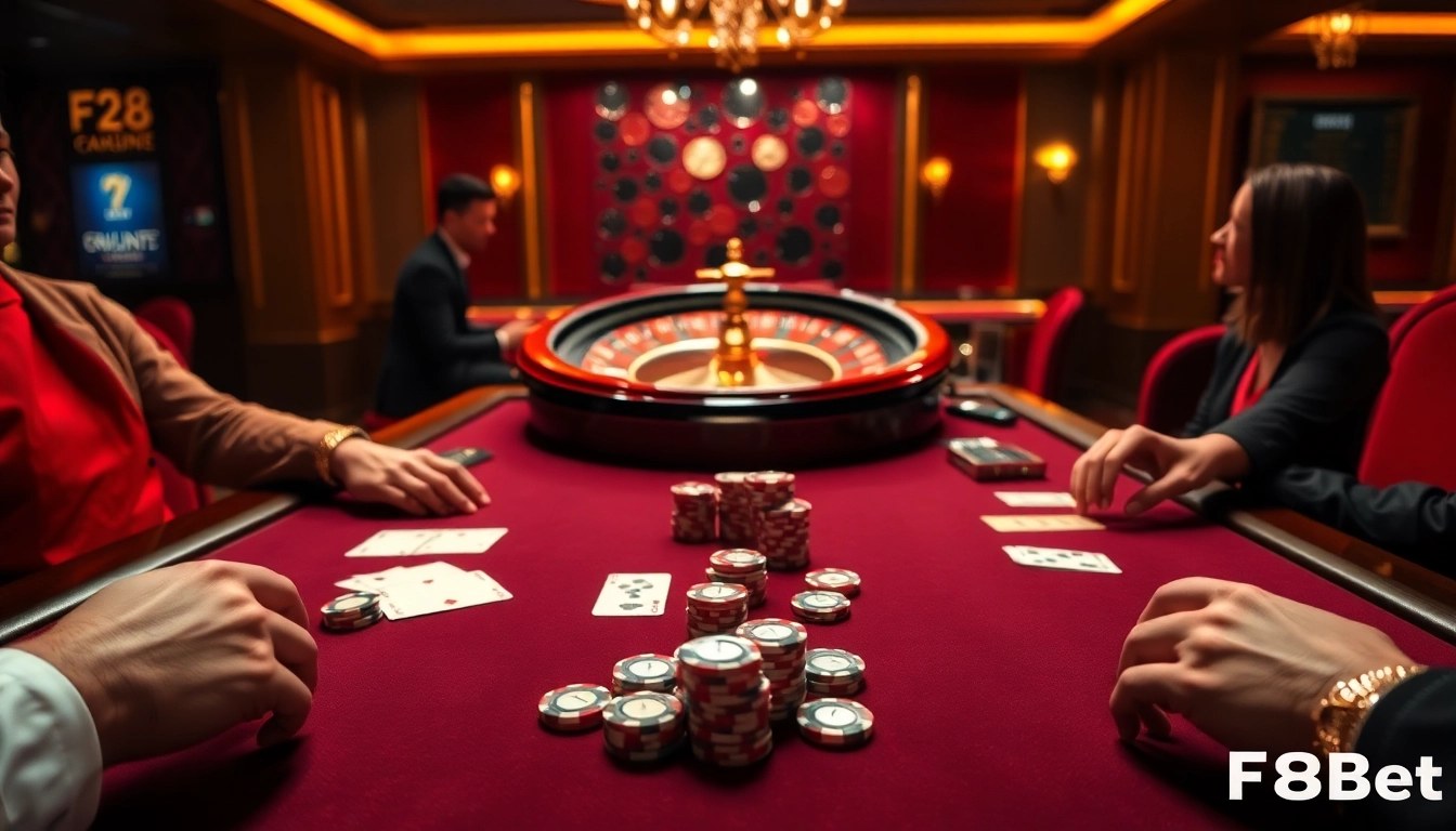 F8Bet players enjoying high-stakes poker at a luxurious casino table.