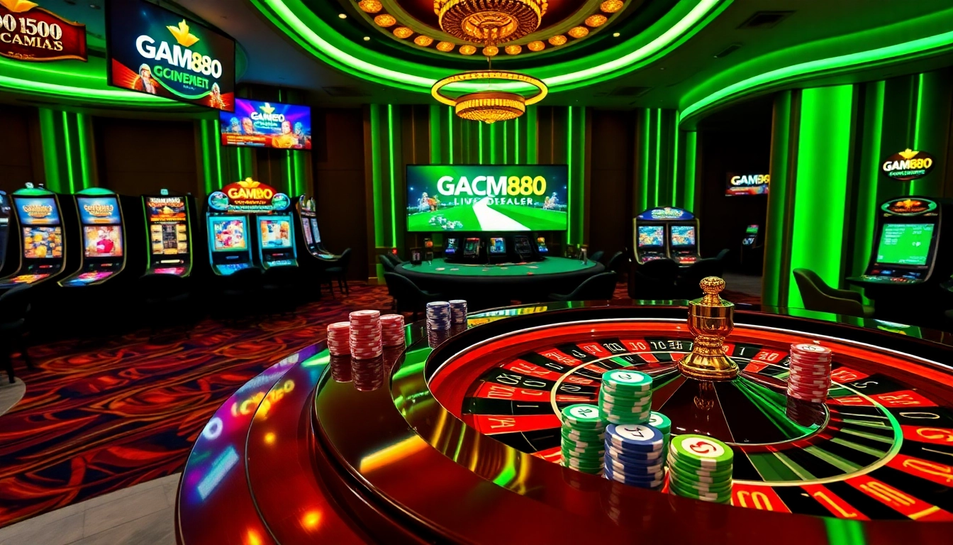 Experience the excitement at GACAM888 with vibrant gaming tables and casino elements.