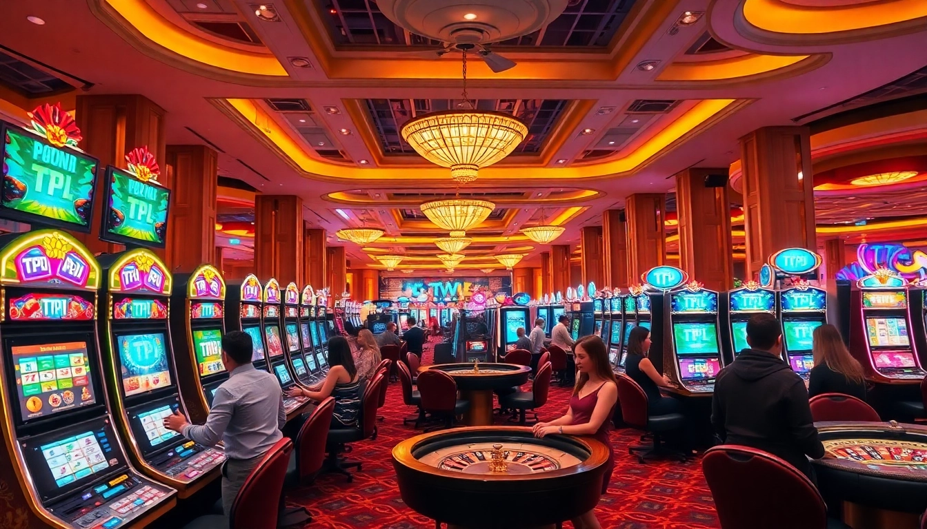TPJ gaming excitement with vibrant slots and eager players at a luxury casino.