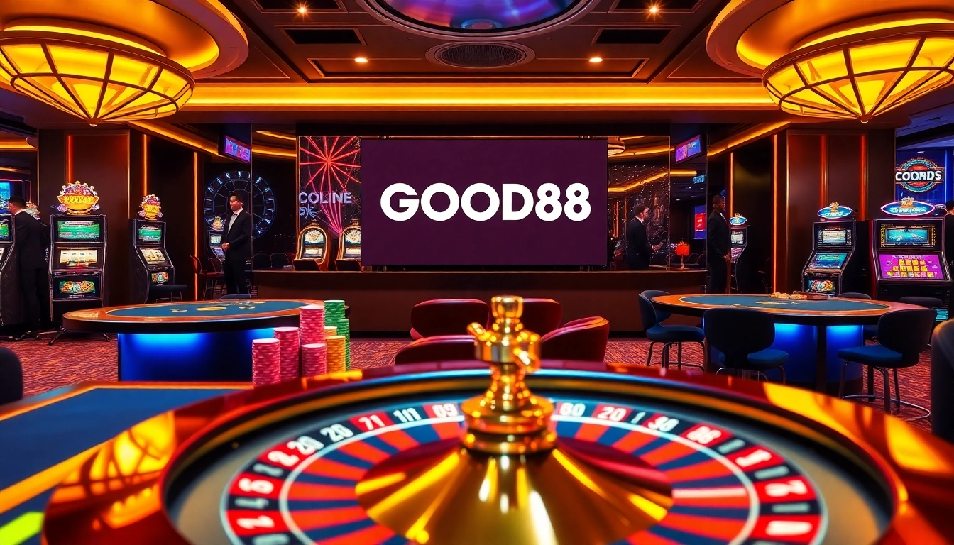 Exciting casino experience highlighting poker and slot games at GOOD88 with vibrant colors and professional ambiance.