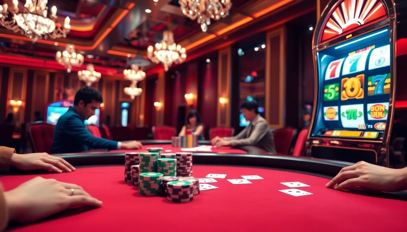 Exciting poker game at rr88 casino with colorful chips, cards, and elegant atmosphere.