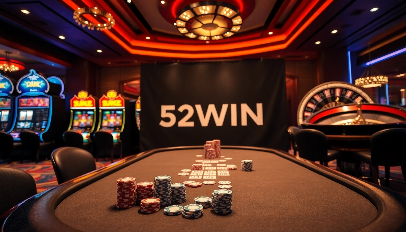 Exciting gambling action at the 52WIN poker table, surrounded by vibrant slots and roulette.