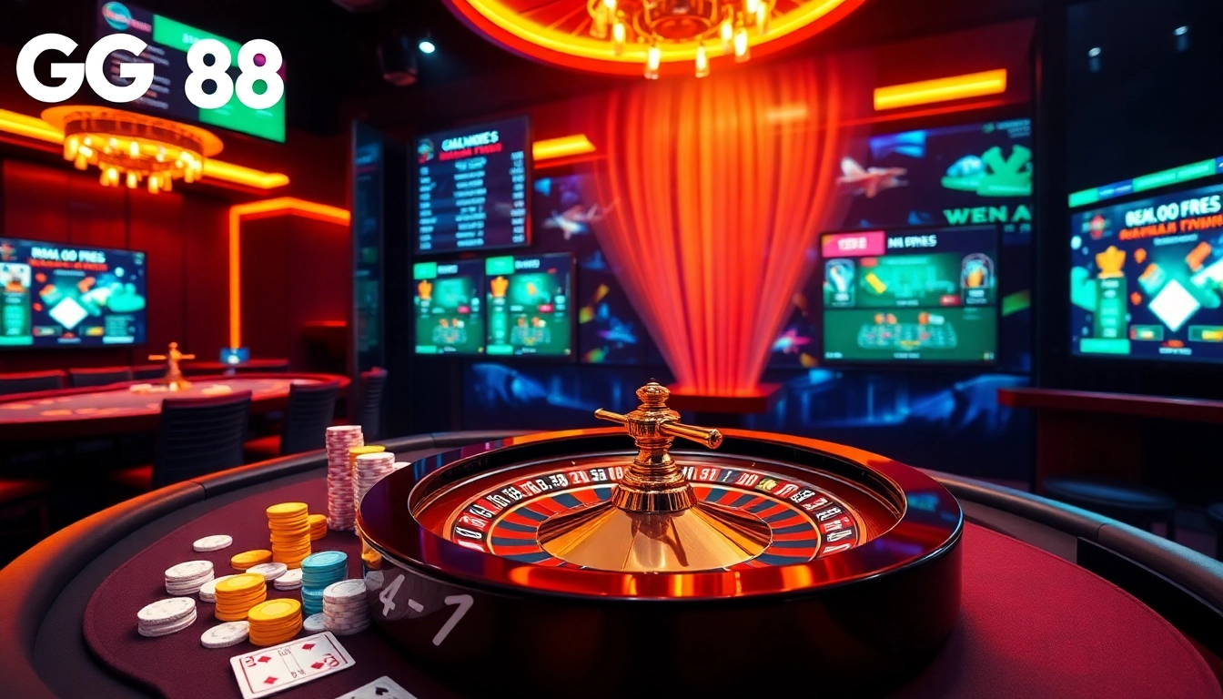 GG88 poker table filled with chips and cards, showcasing a luxurious casino atmosphere.