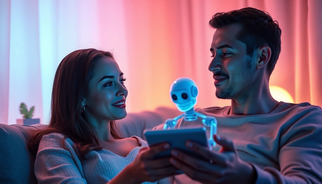 Engaging interaction showcasing ai chat sex through a warm, intimate scene with a couple and a virtual AI chatbot.