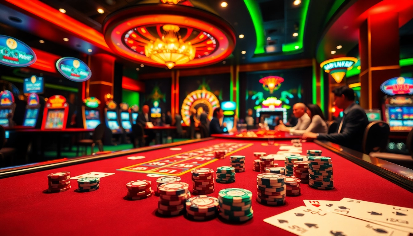 DOLA789 casino table with vibrant poker chips and a dazzling roulette wheel.