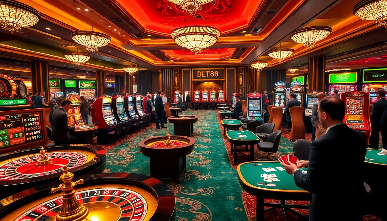 BET88 players enjoying a luxurious casino experience with vibrant slot machines and poker games.