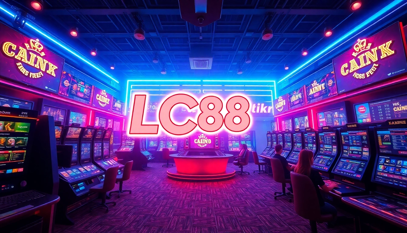 Exciting online gambling scene featuring LC88 Link logo and vibrant gaming interfaces.