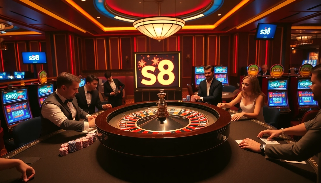 Gambler placing bets at the luxurious s8 casino, showcasing vibrant roulette and opulent decor.